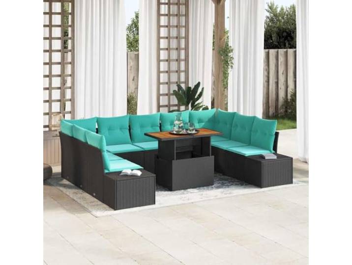 KTHLBRH Garten-Sofa-Set 10-TLG. 9-Sitzer Poly-Rattan Schwarz Teal Modular, pulverbeschichteter Stahl, Akazienholz-Tischplatte, wetterfest, zeitgenössisches Design