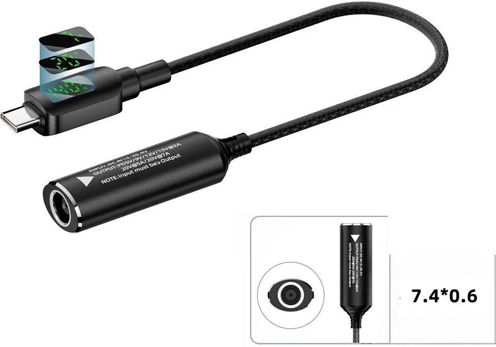 INF 140W DC (7.4x0.6mm) auf USB-C Adapter mit Digitalanzeige - Kurzes Kabel