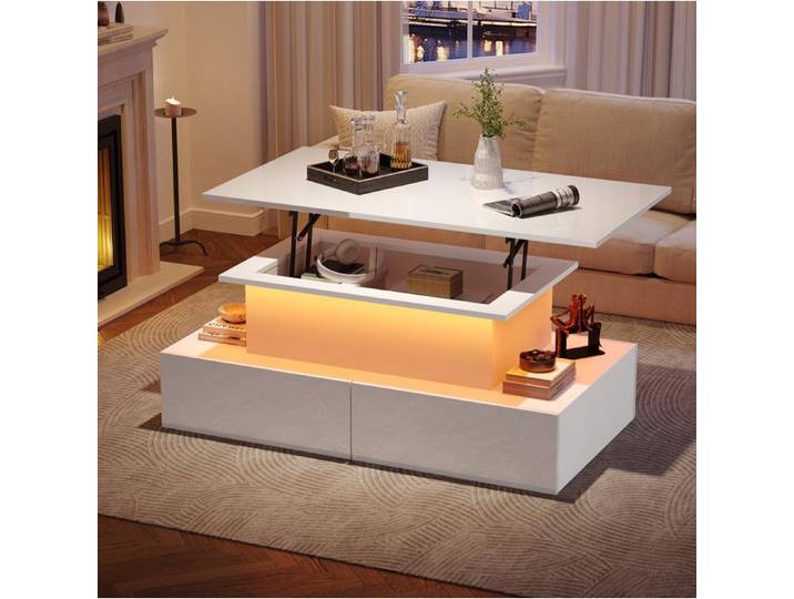 - Table basse SENVIRO - Blanche brillante avec LED et rangement discret - 90x55x41cm - Blanc