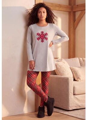 Plus Size Women's Plus Size Cotton Graphic Print Long Sleeve Swing Tunic by Roaman's in Heather Grey Snowflake (Size 18/20)