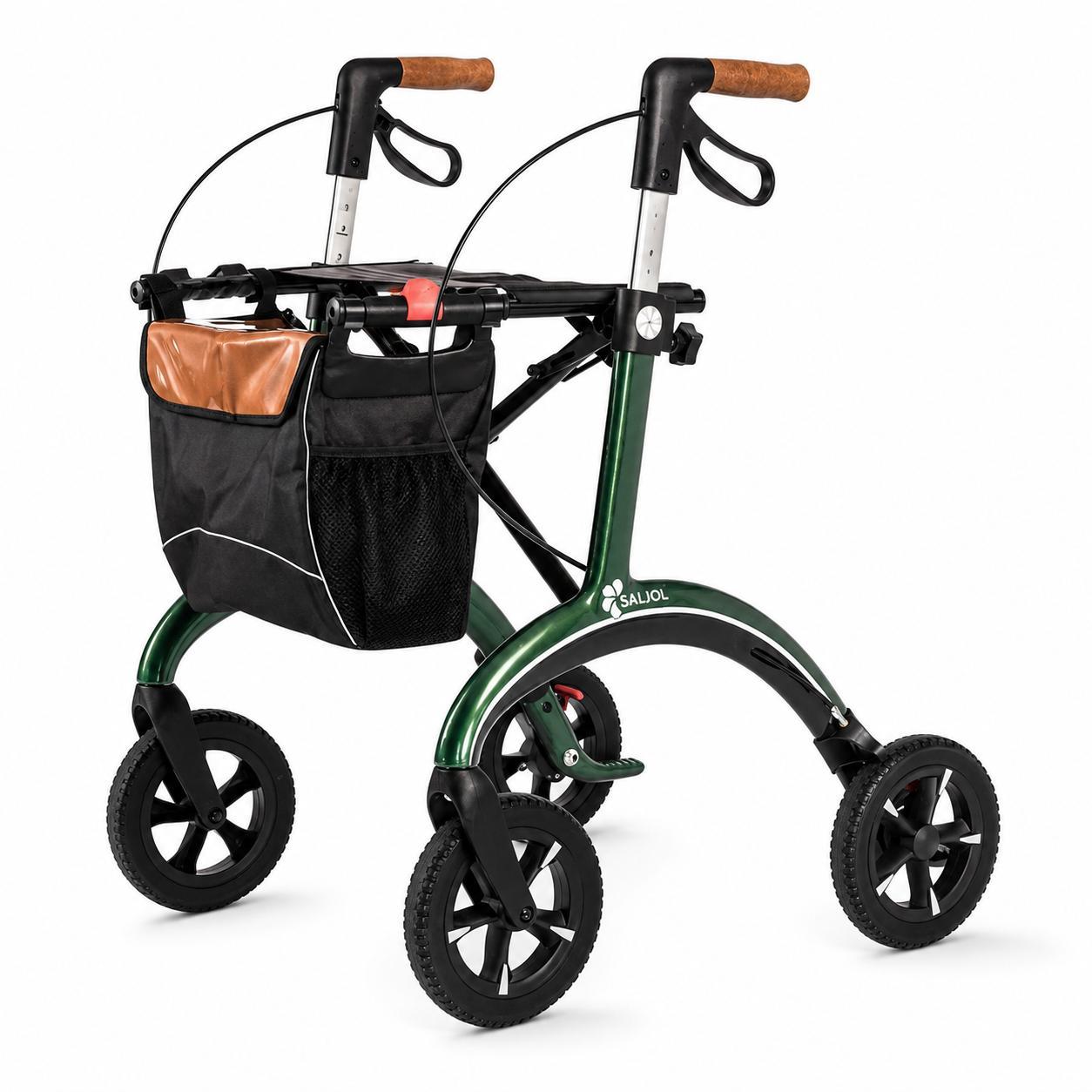 Saljol Carbon Rollator CR 62 Racing Green - Leichtgewicht 5,8 kg, faltbar, Weichreifen & Schleifbremse