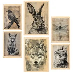 POSTER Set Mit 6 Vintage Tiere Vogel Hase Libelle Fuchs Wolf Katze Mit Laden A3 & A4 Rahmen Aus Hellem Holz