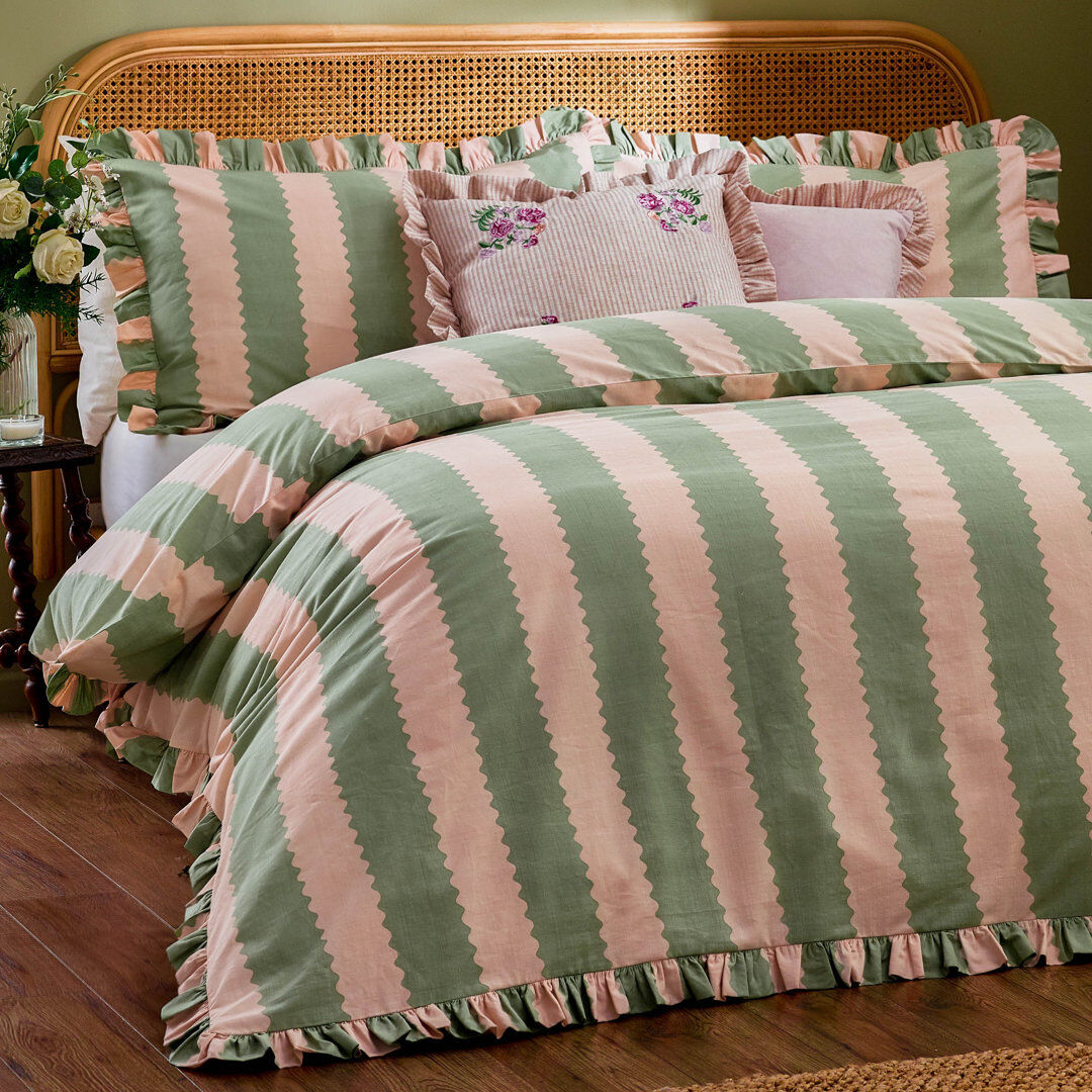 Wylder Birdie Stripe Cotton Blend Striped Duvet Cover Set with Pillowcases Included Pink/Green Super King Duvet Cover + 2 Standard Pillowcases