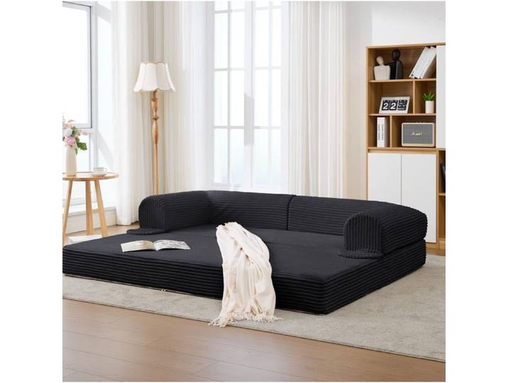 ROVRYN Canapé convertible 2 places noir tissu côtelé sans pieds avec accoudoirs rembourrés