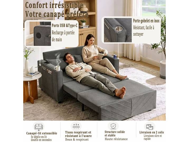 Canapé convertible 3-en-1 Minimaliste Grand et Élégant lit de canapé 2 places de luxe Conception de diapositives à transform