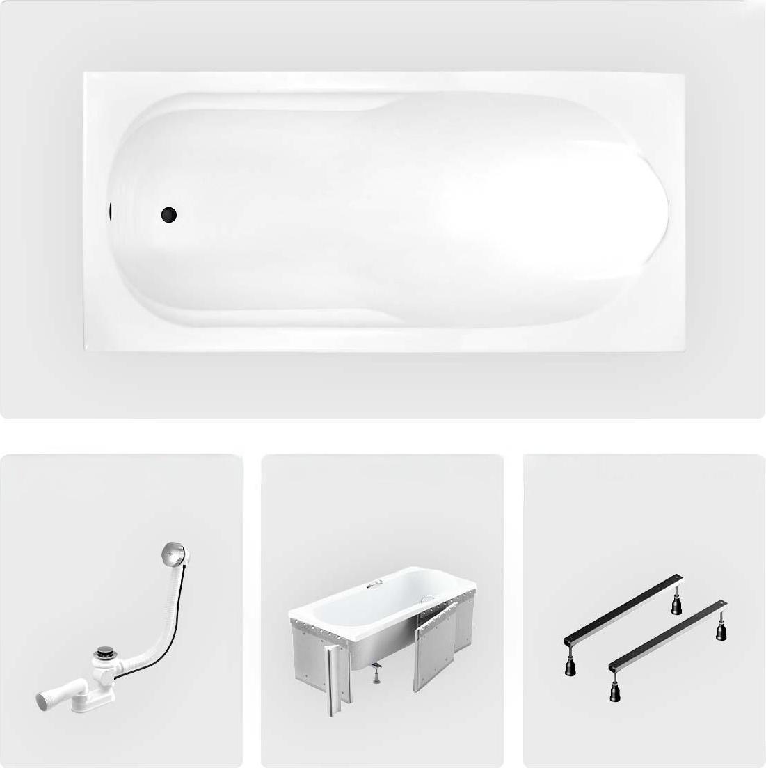 Rechteckige Badewanne - 170 x 70 cm - mit Verkleidung - Füße - Chromablauf - BONA