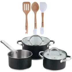 BERGNER - 5-teiliges Edelstahl-Kochgeschirrset (16/18/20cm), geeignet für Induktion, mit einem Set aus 3 Silikon- und Holzutensilien