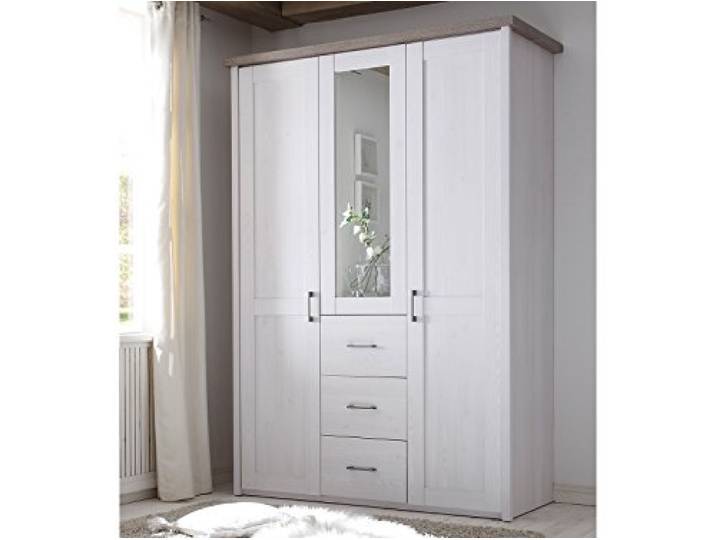 möbelando Kleiderschrank Drehtürenschrank Holzschrank Schrank Schlafzimmer Lebbie II Pinie Weiß/Trüffel