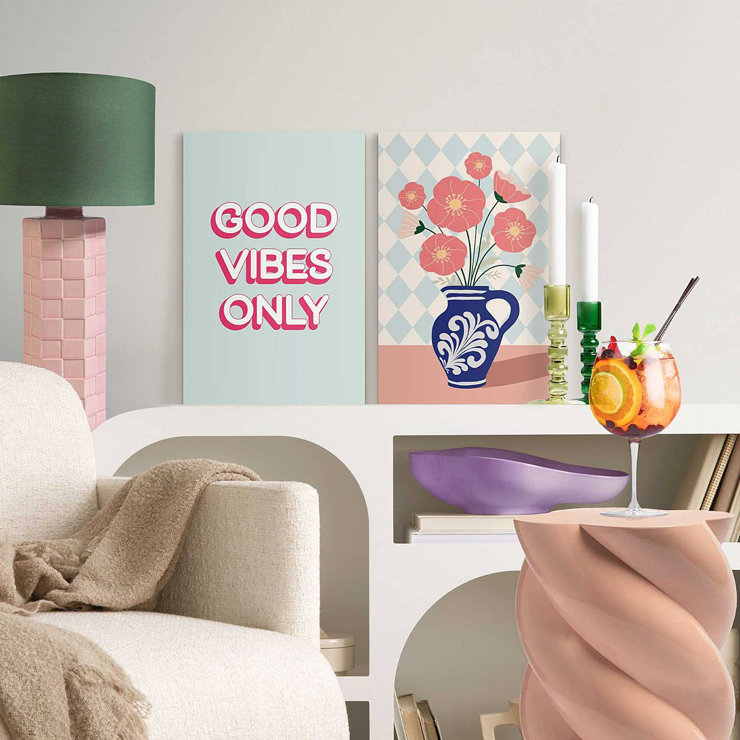 home24 Set afbeeldingen Good Vibes Only 2-delig MDF houten lijst, blauw