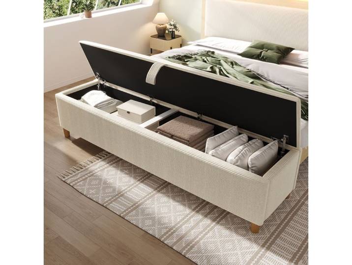 WOVREO banc de lit 165 cm avec rangement hydraulique tissu aspect velours côtelé beige