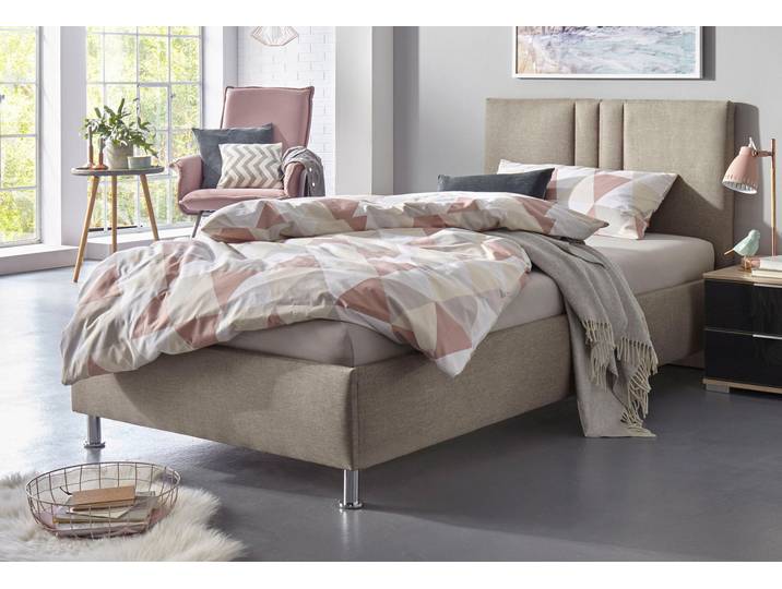 Polsterbett, Microfaser & Strukturstoff, Dunkelbeige, 130×210 cm, Bonnell-Federkernmatratze, Made in Germany