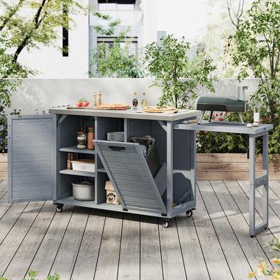 Wooden Outdoor Grill Cart with Trash Can Storage and Stainless Steel Top