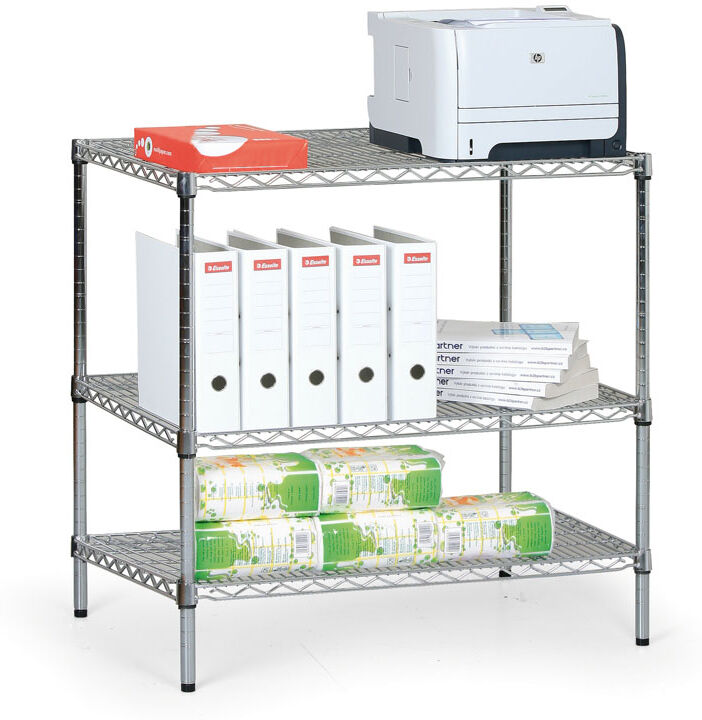 B2B Partner Verchromtes Regal mit Drahtregalböden, 900 x 900 x 450 mm