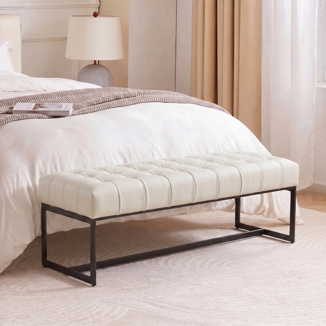 Blue Elephant 130cm Wide Genuine Leather Bench Tufted Iron Frame Beige 44cm H X 130cm W X 45cm D