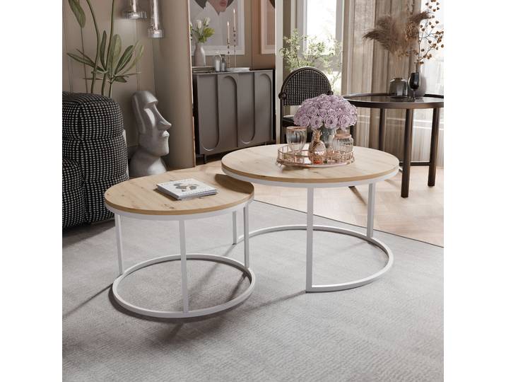 Grekpol Table basse ronde 2en1 Lavo avec piètement métallique Artisan Softisch Set 2er table basse table d'appoint Design moderne Set 2er couleur : blanc / Artisan Softisch