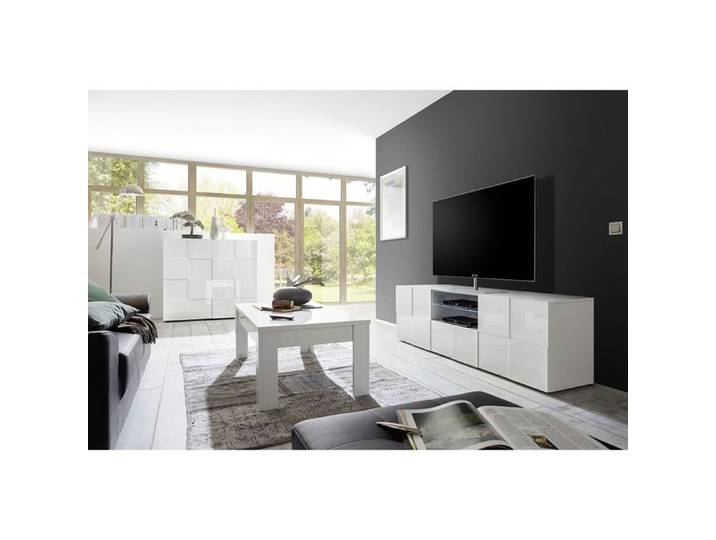 REBECCA - Ensemble Salon complet Meuble TV 181 cm Blanc Laqué Weiss Relief Damiers