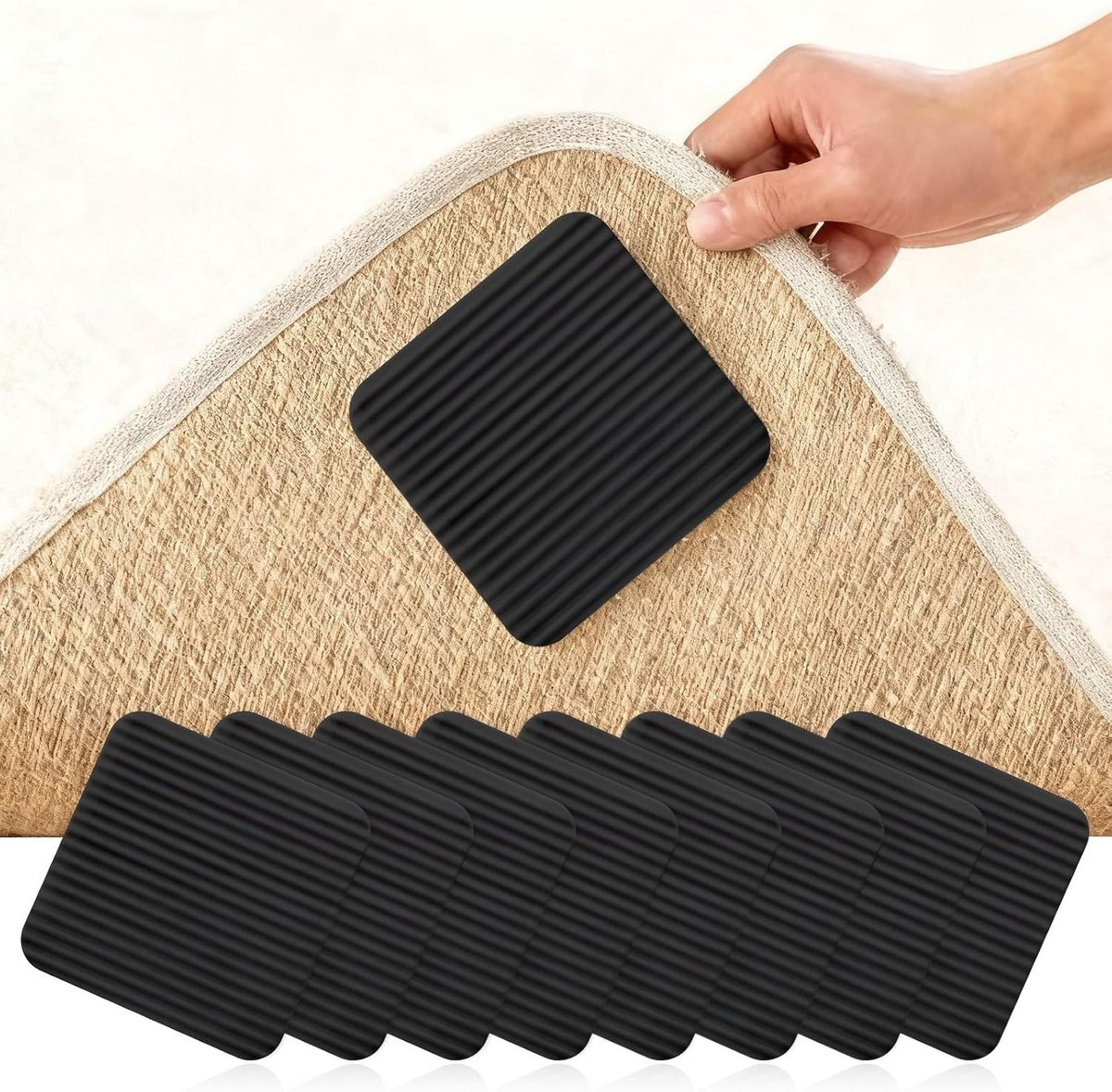 Set van 8 wasbare antislip matten, herbruikbare onderlaag voor tapijtbevestiging en vloerbescherming, zwart