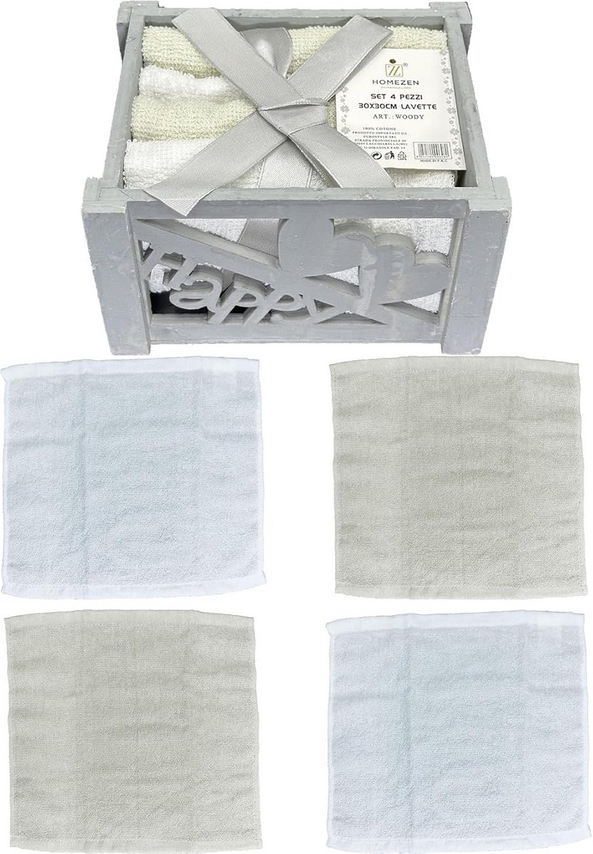 Houten mand met 4 katoenen washandjes voor badkamer en keuken