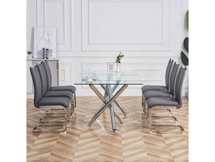 LPOSPI Chaise cantilever - chaise à piètement luge en similicuir assise rembourrée et design moderne 4 pièces gris PU métal.