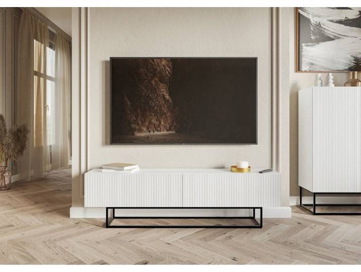 Meuble TV sur pieds noir - VELDIO - 175 cm - blanc