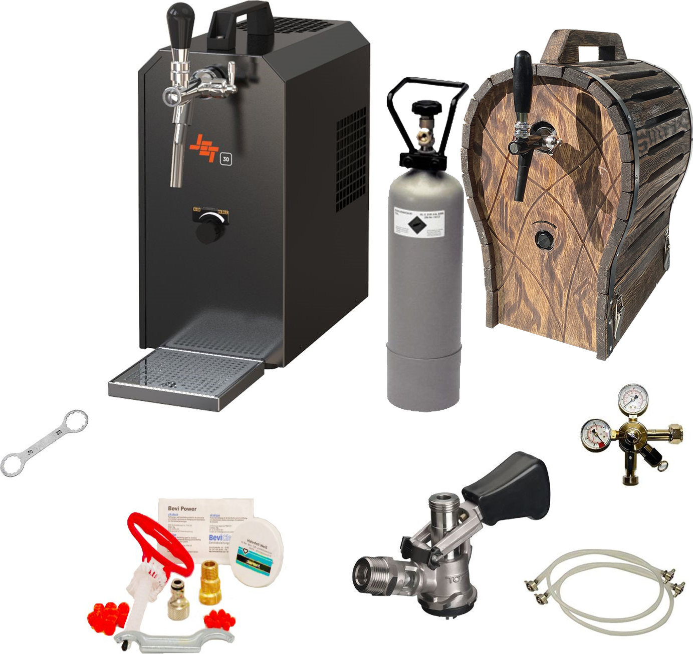 Komplett Set - Zapfanlage JET 30 Bierkoffer, Bierzapfanlage, Durchlaufkühler 1-leitig Trockenkühler, bis zu 35 Liter/h mit Holzfass, Reinigungsset für Zapfanlage und Keg, Zapfkopf:ohne