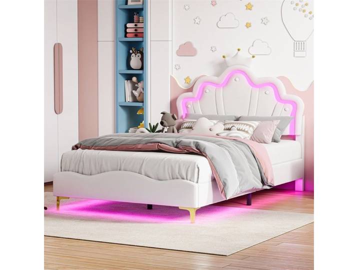 Lit 140x190 cm - Lit Enfant 140x190 cm - Lit double princesse couronne avec LED tête et dessous de lit en similicuir - Blanc