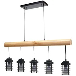 Décoshop26 - Vintage-Pendelleuchte im Industriestil Massivholz und schwarzes Metall 5 Fassungen 04_0004051