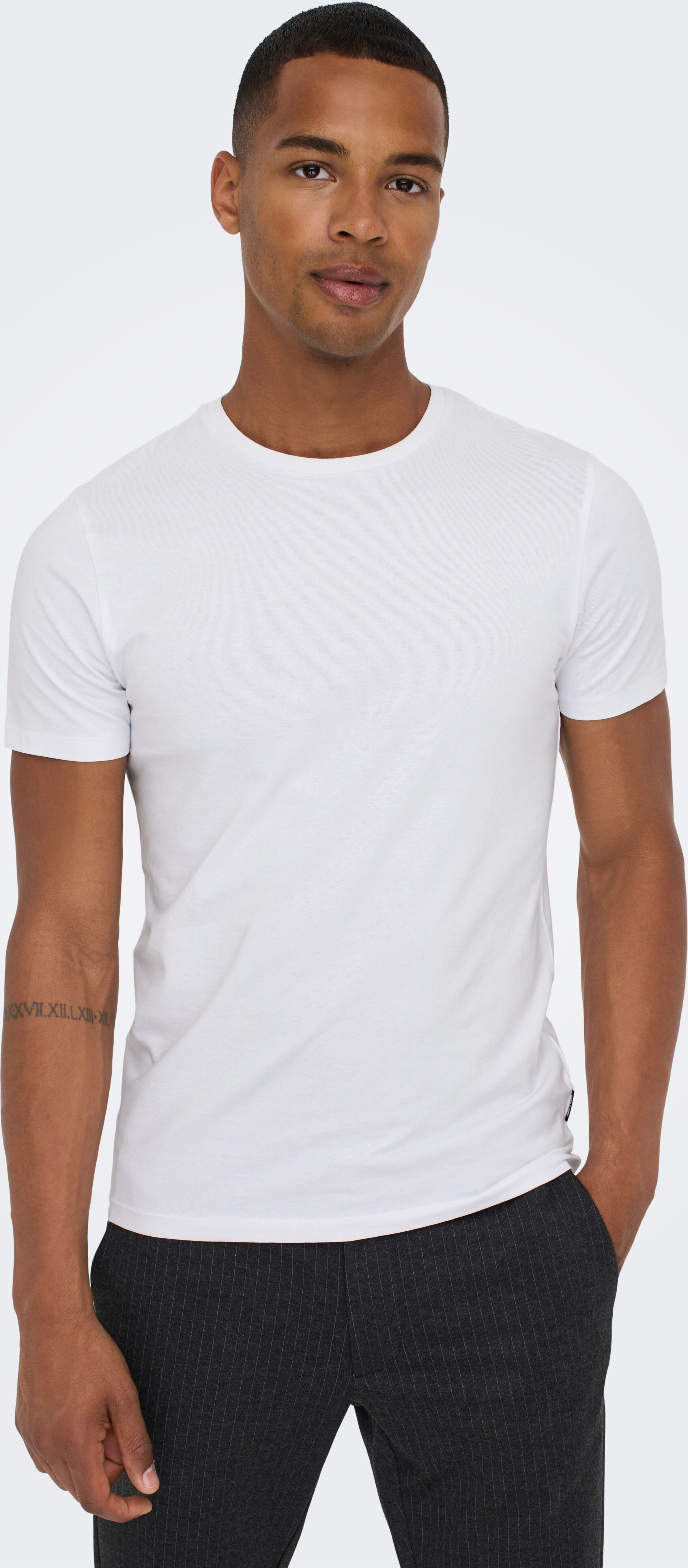 T-Shirt ONLY & SONS "ONSBASIC SLIM O-NECK 2-PACK NOOS", Herren, Gr. XL, weiß (pack:2weiß), Single Jersey, Obermaterial: 95% Baumwolle, 5% Elasthan, unifarben, schmal normal, Rundhals, Shirts T-Shirt