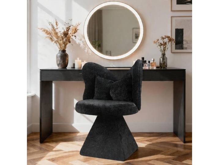 Chaise d'appoint - Dossier papillon - Pivotante 360° - Velours chenille noir - Base triangulaire stable
