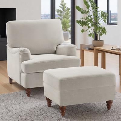 "34.5"" Polyester Chair and Ottoman Set with English Roll Arms and Reversible Seat Cushion and Turned Front Legs"
