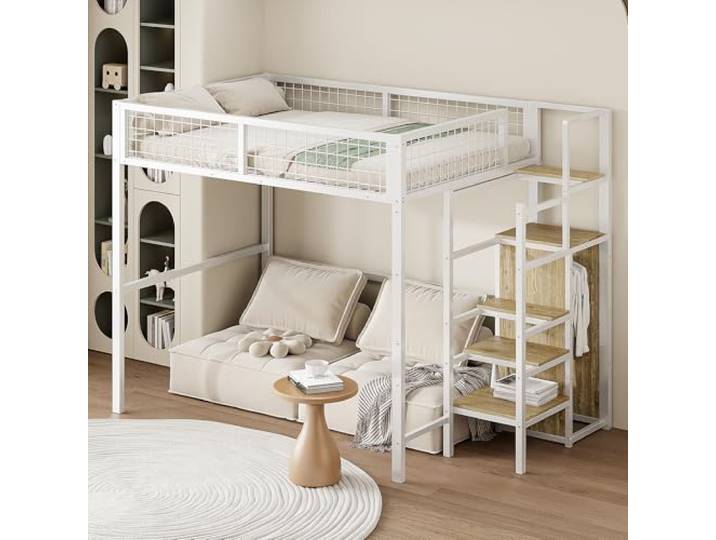 FAVSH Hochbett 140x200 cm mit Schrank und Stauraum, Metallbett mit Treppe, Ablageflächen und integriertem Regal, Etagenbett für Kinder, Jugendliche und Erwachsene, Weiß