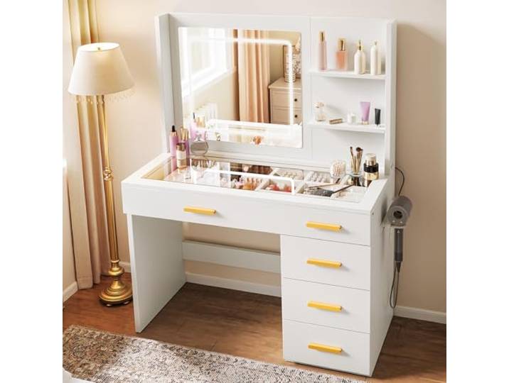 YITAHOME Schminktisch mit Beleuchtung, Dressing Table mit Spiegel Schminktische mit Hocker Farben mit Einstellbarer Helligkeit, Frisiertisch mit 5 Schubladen Offenen Fächern Vanity Table weiß