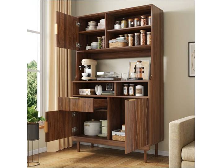 ULEVR Buffet haut en bois 100 x 32 x 170 cm couleur noyer avec portes tiroir et rangements ouverts