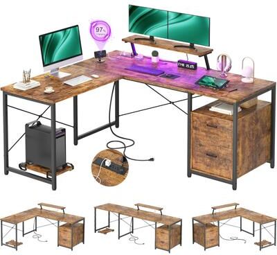 Rackcog L-Shape Exexecutive Desk Reversible Computer Table with Power Hub