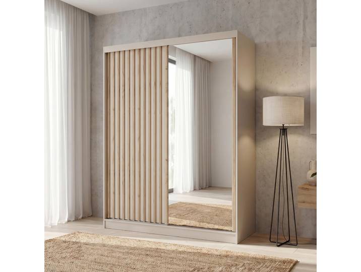 BEAUTYSOFA Kleiderschrank DONATELLO 160 cm Kaschmir/Artisan mit Spiegel und Lamellen Schwebetürenschrank modern