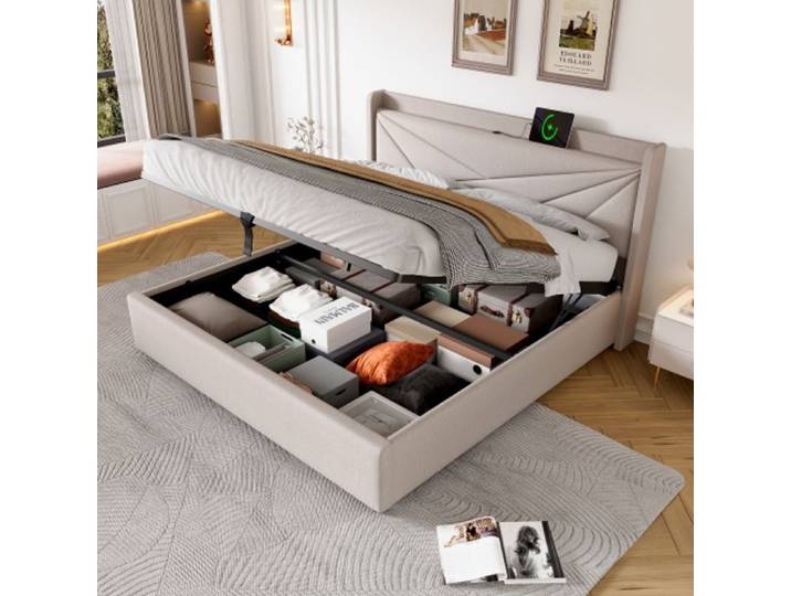 Lit double - MUVOE - 140x200 - Tête de lit avec chargeur USB - Rangement intégré - Design contemporain