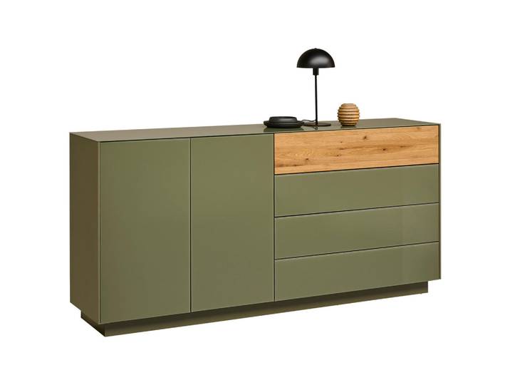 Novel Sideboard Triest, Eiche, Olivgrün, Holz, Glas, Eiche, massiv, 2 Fächer, 3 Schublade(n) Schubladen, 189x90x42 cm, DIN EN ISO 9001, individuell planbar, Beimöbel erhältlich, stehend, Abdeckplatte aus Glas, spiegelbildliche Montage möglich, Holzmöbel, Kleinmöbel Holz, Holzkommoden, Sideboards Holz