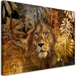 LEINWANDBILD Löwe und Monstera Goldene Blätter 120x80cm