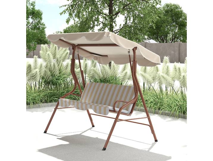 Outsunny Balancelle 3 Places Toit Réglable Coussins Marron Crème