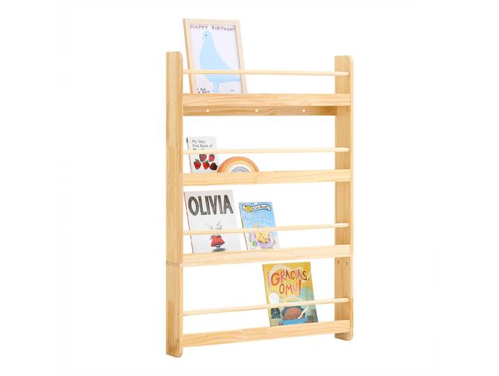 SoBuy Bücherregal für Kinder mit 4 Ablagen, Kiefer, Naturfarben, Holz, 80x118x12 cm, Wohnzimmer, Regal, Wandregal