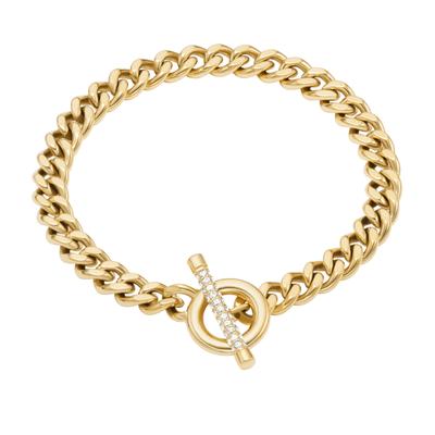 Armband FOSSIL "Schmuck Geschenk Edelstahl CARLIE T-BAR", gold (gelbgoldfarben, kristallweiß, kristallweiß), Armbänder, Damen, 18,5cm, Edelstahl, Armband, mit Glasstein