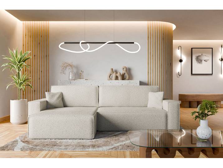 Ecksofa GONDHI mit Schlaffunktion Weiß Teddystoff Quila 272cm Longchair beidseitig montierbar Modern