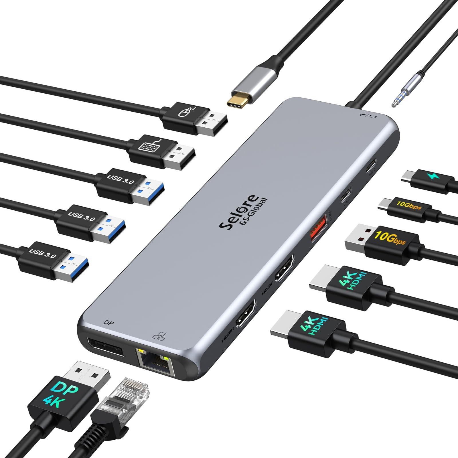 SELORE&S-GLOBAL 13-in-1 USB-C Docking Station met Dual HDMI-poorten en USB-C Hub adapter
