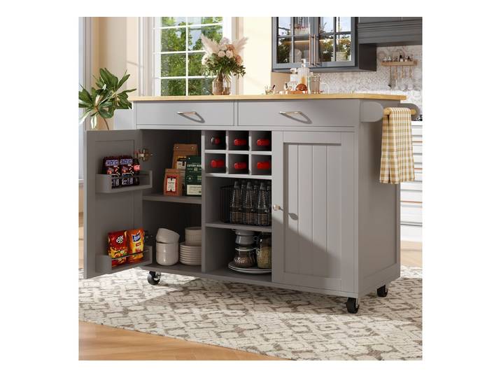 HAUSS SPOLE Kücheninsel Küchenschrank, buffetschrank, Speisewagen mit Speicherraum, Grau, (Moderne Kücheninsel mit Holzmaserung – Multifunktionaler Speisewagen, flexibler Stauraum, verstellbares Weinregal & 360° Lenkrollen – Perfekt für Küche, Esszimmer & Werkstatt)