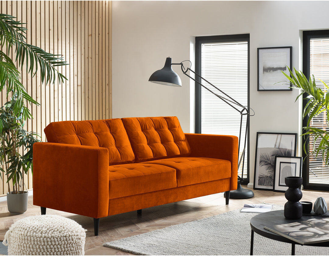 17 Stories Jodi Velvet Sofa - Upholstered Modern Retro Fabric Stylish & Contemporary Orange 3 Seater