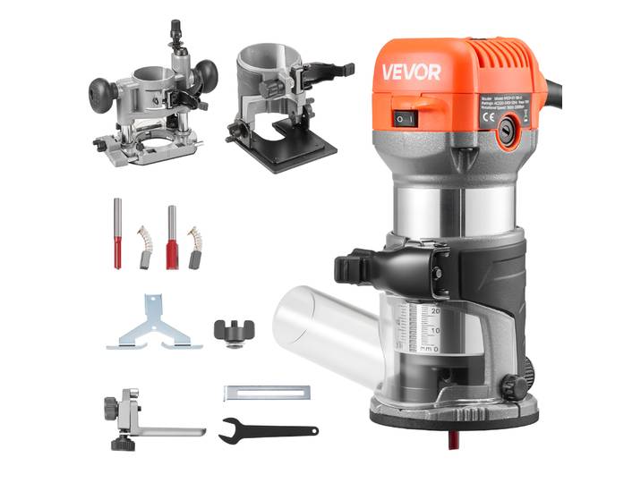Vevor Affleureuse 710 W Defonceuse Compacte 6 Vitesses Pour Travail Bois\, Finition\, Avec Demarrage Progressif\, Base Fixe\, Inclinable\, Plongeante\, Capot Deaspiration Poussiere\, Guide Parallele\, Filaire