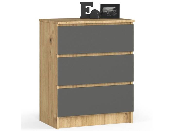 Commode haute 3 tiroirs - Dimensions 60x40x77 cm - Commode de chambre - Couleur Chêne et Gris - Meuble de rangement