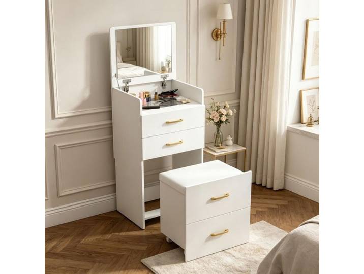 Table de coiffure 3-en-1 avec miroir et tissu 3 tiroirs plaque vitrée coussin rembourré pour salon de coiffure