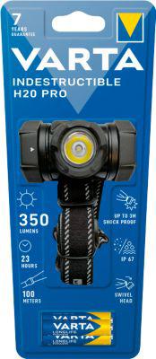 VARTA Indestructible H20 Pro LED-Kopfleuchte, 2 Leuchtmodi, verstellbar, 350 lm, inkl. Batterien