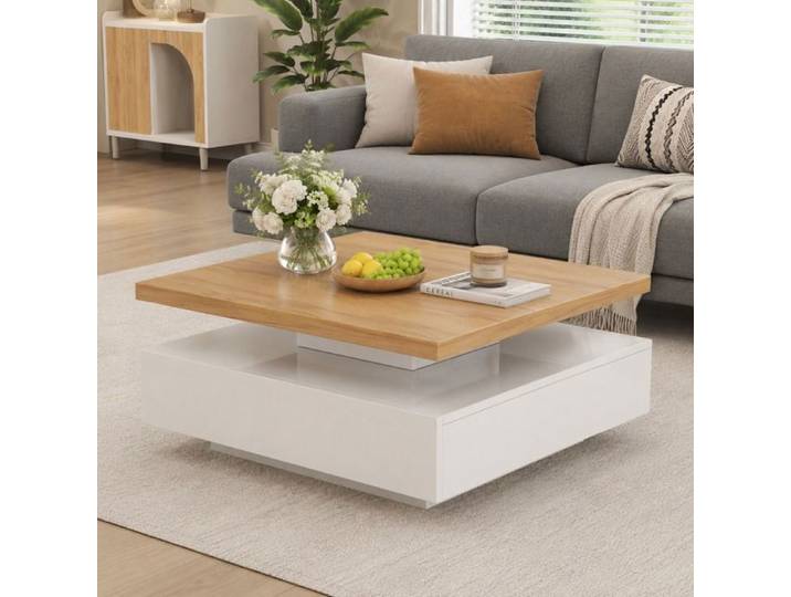 ULSAM Table Basse Carrée Pivotante 360° 70x70 cm 2 Niveaux Tiroir Caché - Blanc/Noyer